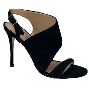 Charles David Black Leather Suede 4.5” Heel Ankle Buckle Sandal